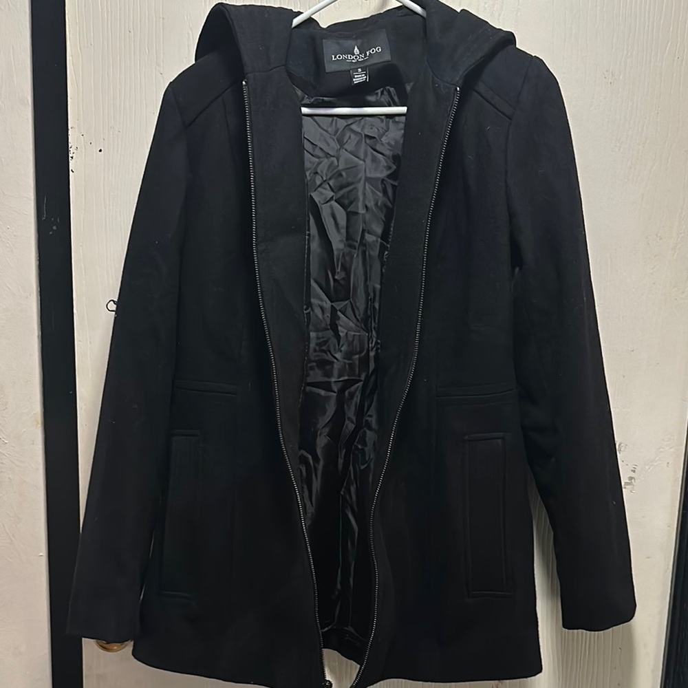 London Fog Black Hooded Wool Blend Coat - Size Small - Picture 10 of 16